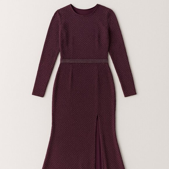 NWT Mac Duggal Beaded Maxi Dress Size 14 Purple Aubergine Long Sleeve Slit Gown - Picture 11 of 11